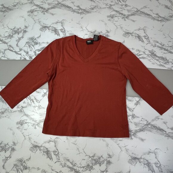 Vintage Mossimo Stretch Shirt Women’s M Orange V-Neck 3/4 Sleeves Sweatshirt szM - Picture 1 of 12